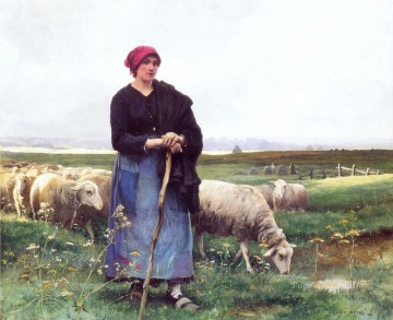 Animal Painting - Una pastora con su rebaño, la vida en la granja Realismo Julien Dupre